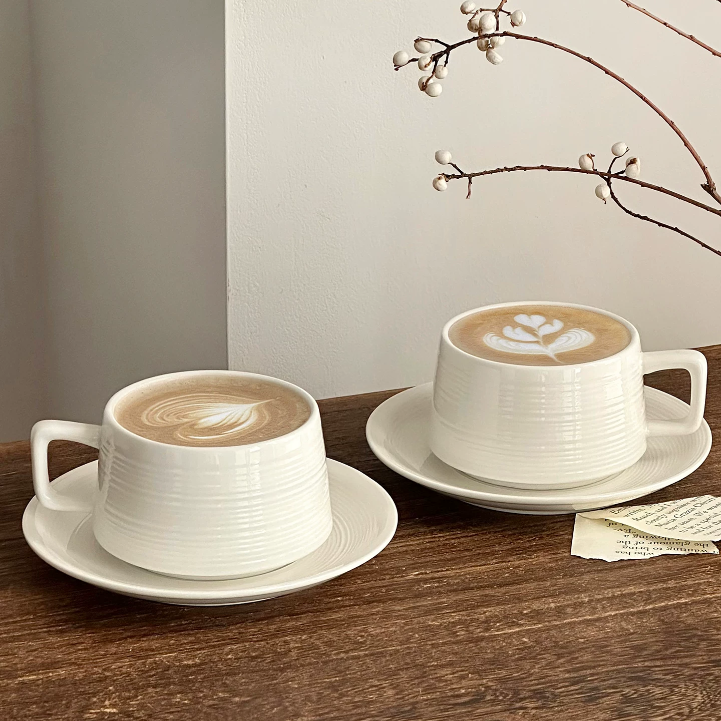 Bộ tách trà sứ trắng cao cấp, tách uống cà phê tinh tế, ly latte nghệ thuật Ý sang trọng