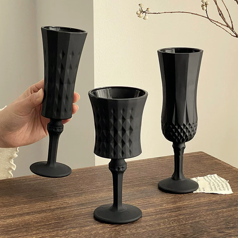 Ly rượu vang đen obsidian mờ cổ điển, dùng trong nhà, ly rượu sâm banh, ly rượu mùi, ly rượu vang đỏ, chạm nổi, thẩm mỹ cao