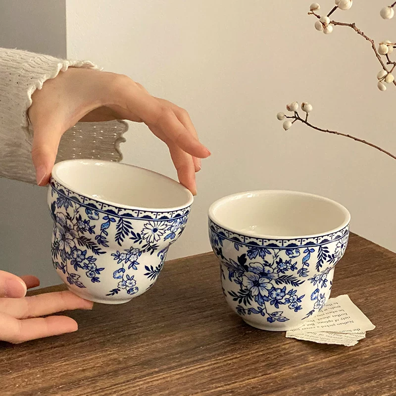 Cốc gốm sứ màu xanh trắng cổ điển kiểu Trung Quốc, cốc cà phê sáng tạo theo phong cách dân tộc, cốc latte gia đình tinh tế và đẹp mắt, cốc uống nước