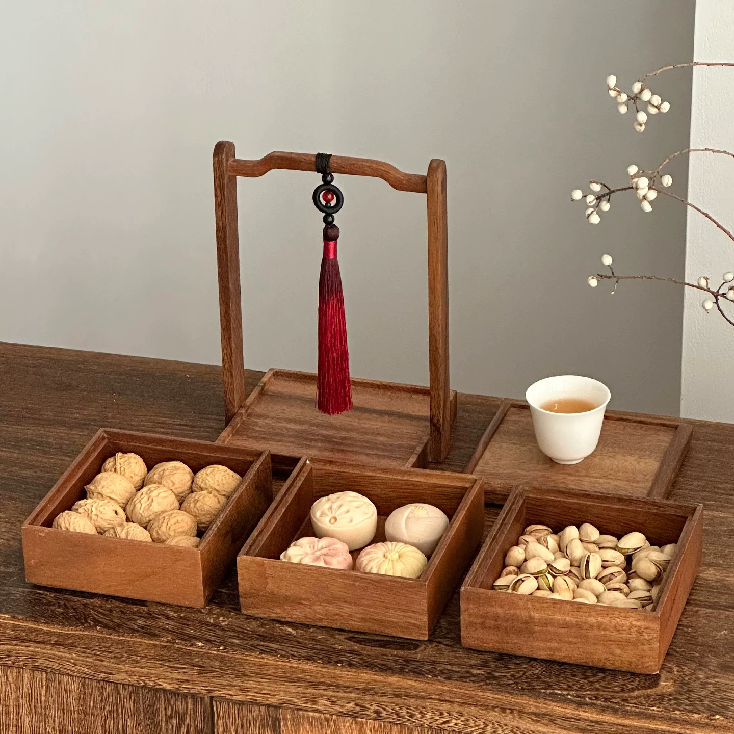 Hộp đựng đồ ăn bằng gỗ óc chó nguyên khối nhiều tầng kiểu Trung Hoa, dùng cho bàn trà phòng khách, khay đựng hạt khô và hoa quả khô, khay đựng đồ ăn nhẹ, hộp đựng kẹo
