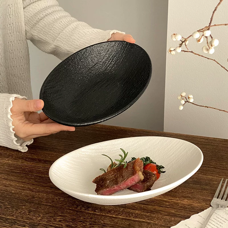 Đĩa sâu hình bầu dục bằng gốm họa tiết đá sáng tạo, đĩa bít tết kiểu phương Tây cao cấp, đĩa hấp cá gia dụng, bát rau, đĩa salad