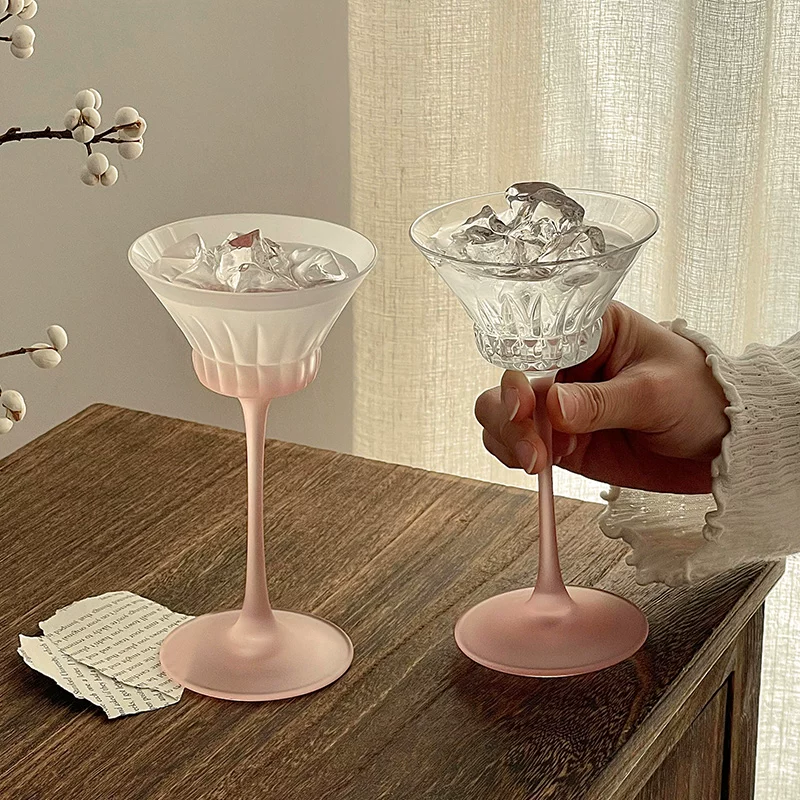 Ly rượu sâm banh thủy tinh mờ màu hồng cao cấp, khắc họa tiết, ly nước ép dễ thương, ly cocktail đặc biệt