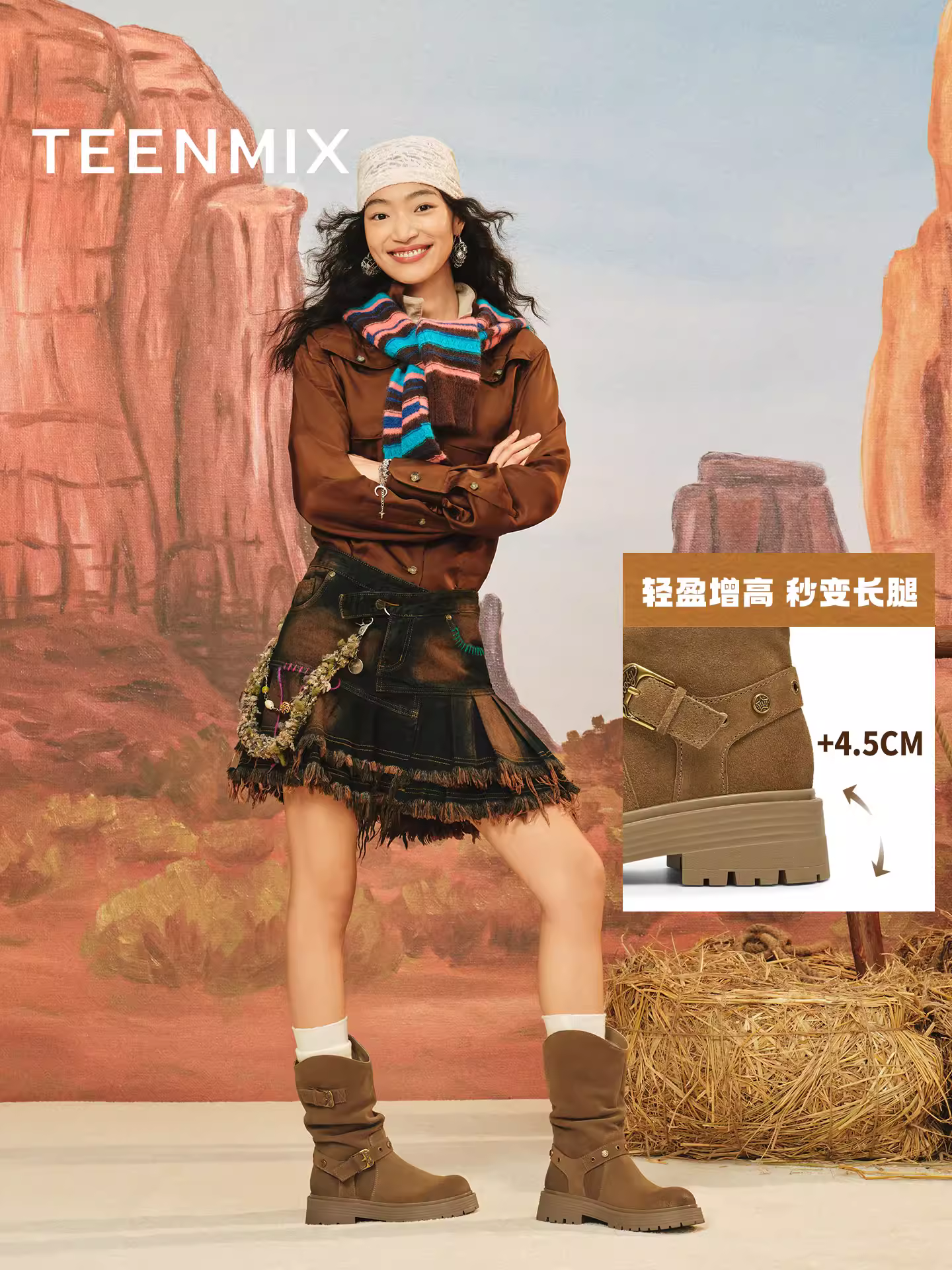 Giày bốt cổ ngắn mùa đông nữ Tianmeiyi Toy Story Collaboration Gold V kiểu miền Tây cổ điển, đế dày, lót lông cừu