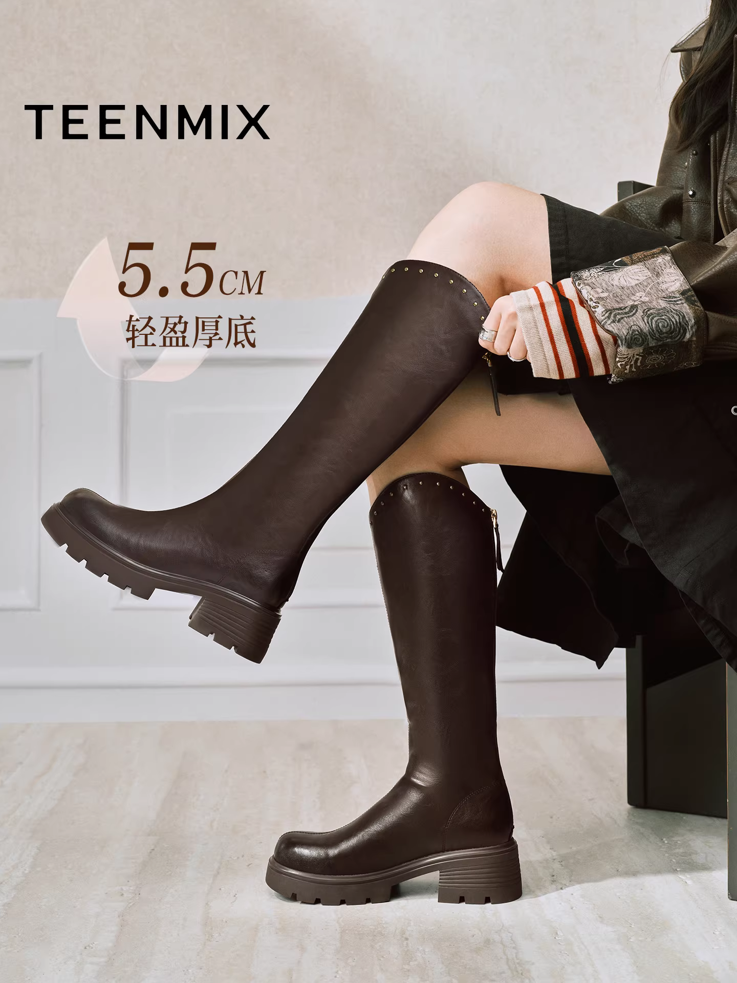 Giày bốt hiệp sĩ đế dày tăng chiều cao Tianmeiyi, bốt dài, giày nữ, bốt thời trang cổ cao, bốt da, mẫu mới mùa đông 2025 BM031DG5