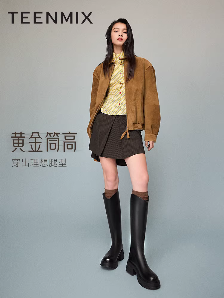 Giày bốt cưỡi ngựa lót lông cừu kiểu cổ điển Tianmeiyi, giày bốt dài, giày nữ, bốt da cao cổ thời trang, phong cách mùa đông mới.