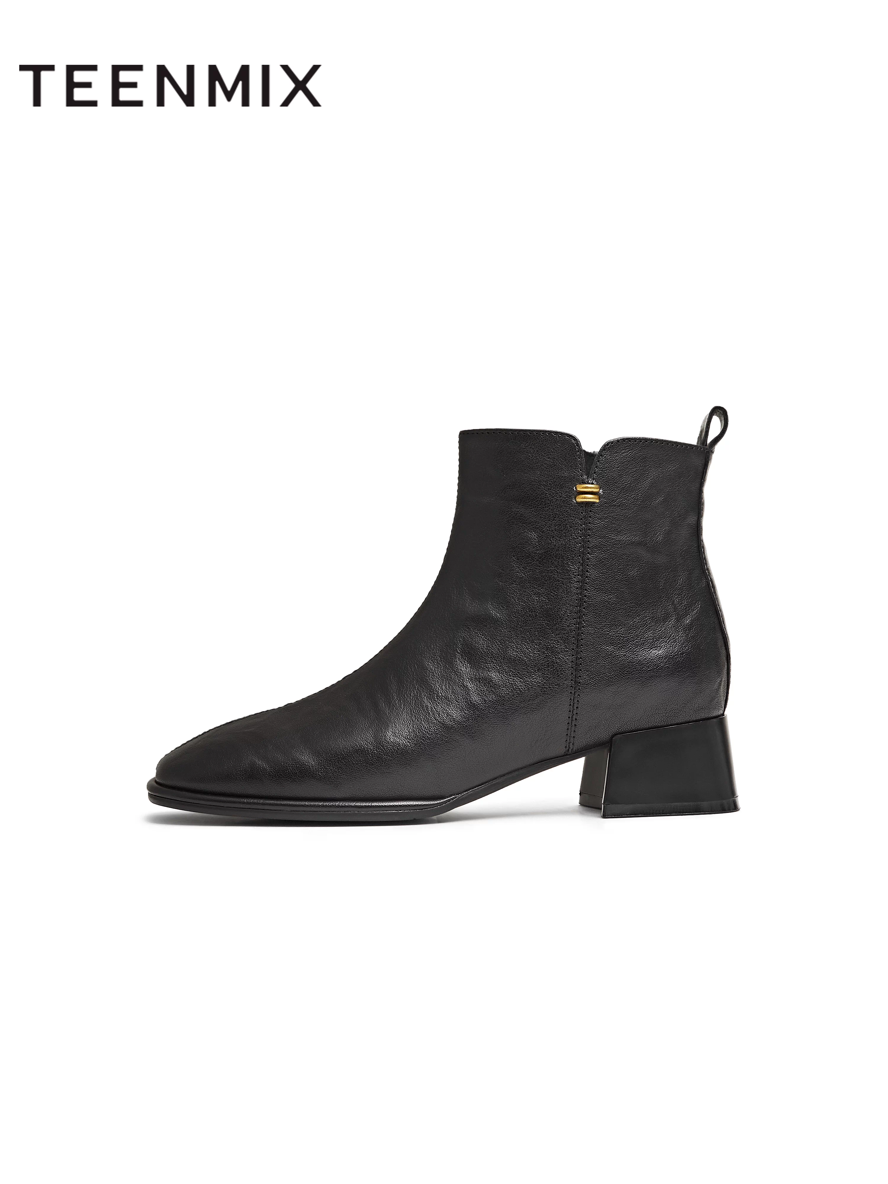 Giày bốt nữ đế xuồng gót thô mũi vuông thời trang Tianmeiyi, bốt ngắn cao gót da, mẫu mới mùa đông 2025 BL991DD5