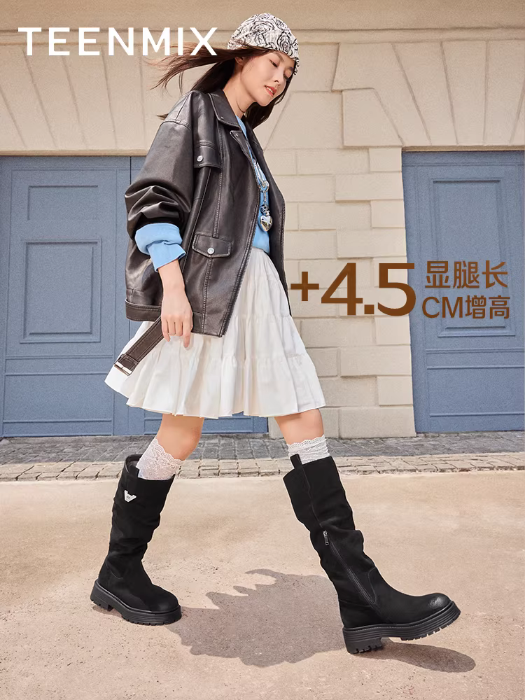 Giày bốt kiểu phương Tây cổ điển Tianmeiyi có lớp lót lông cừu, bốt hiệp sĩ, bốt dài, giày nữ, bốt cổ cao đế dày, phong cách mùa đông mới.