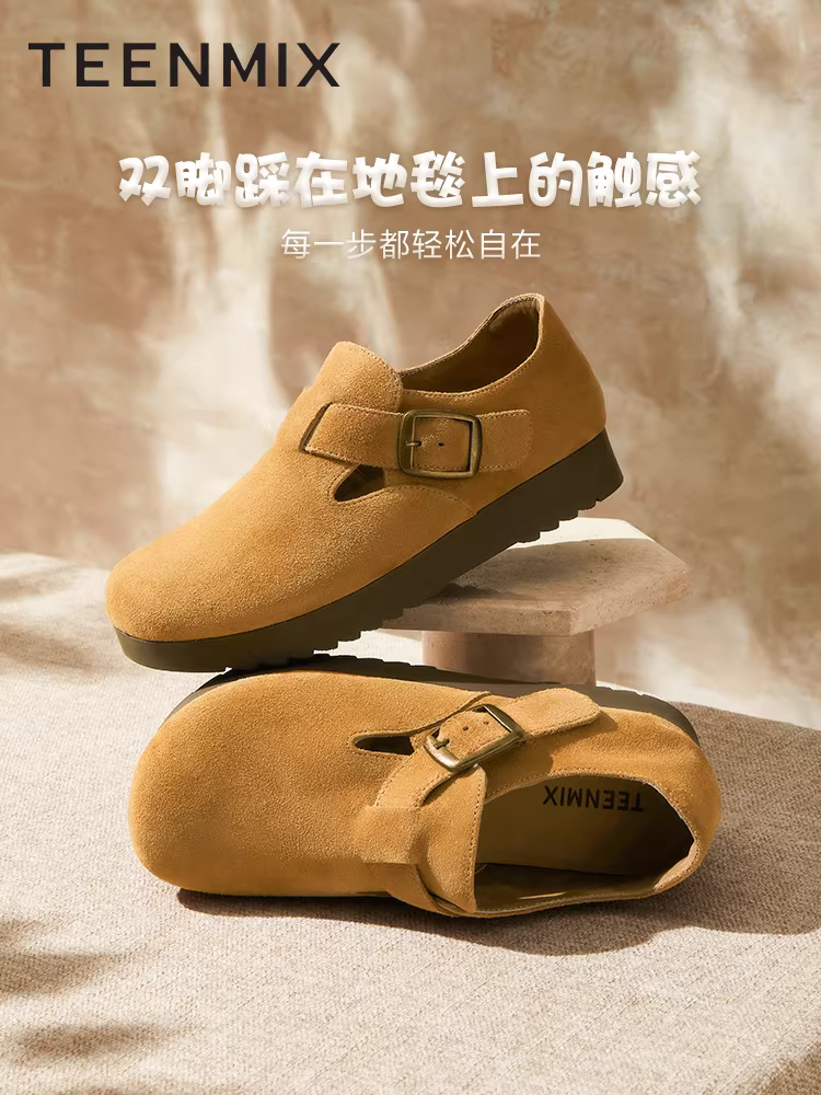 Giày Birkenstock đế dày kiểu retro Tianmeiyi, giày thường ngày che kín, giày nữ, giày lông nhung, giày lười.