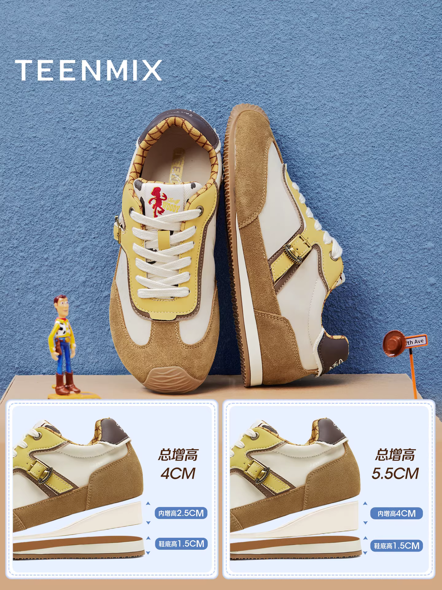 Giày thể thao cổ điển tăng chiều cao của Woody do hãng Tianmeiyi Toy Story sản xuất, giày thể thao thông thường màu trắng mới dành cho nữ.