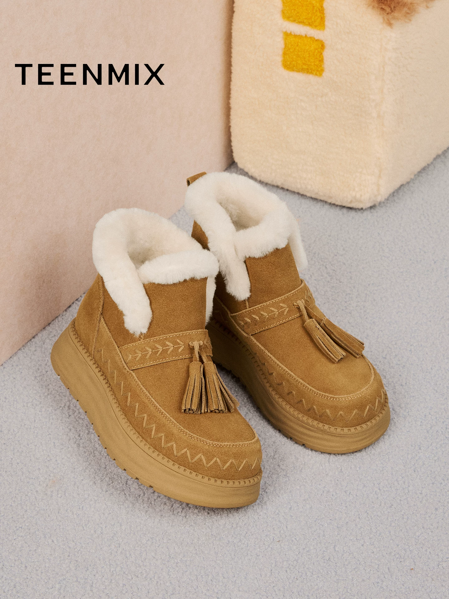 Giày bốt tuyết giữ ấm lót lông cừu đế dày tăng chiều cao kiểu cổ điển Tianmeiyi dành cho nữ, kiểu ngắn, mẫu mới mùa đông 2025 KXD39DD5