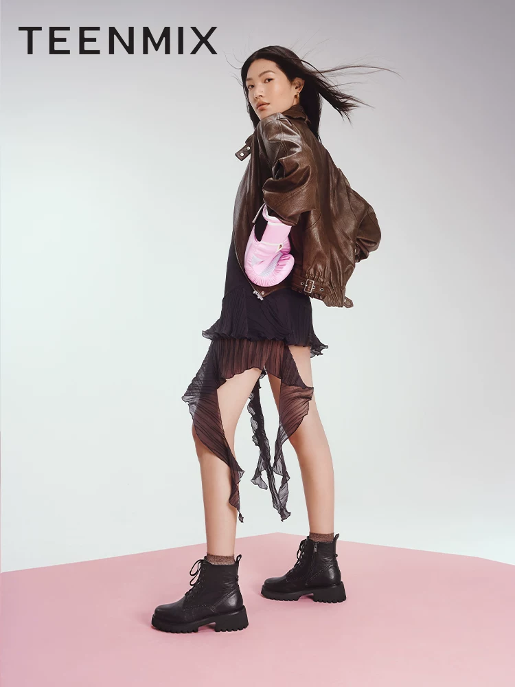 Tianmeiyi retro đế dày Giày bốt Martin nữ giày bốt ngắn thông thường giày bốt da mùa đông mẫu mới COQ47DD4