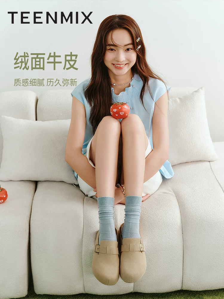 Giày Tianmeiyi đế dày tăng chiều cao kiểu retro, kiểu Birkenstock, mũi kín, nửa dép, kiểu lười, giày nữ, giày đơn giản, giày thường