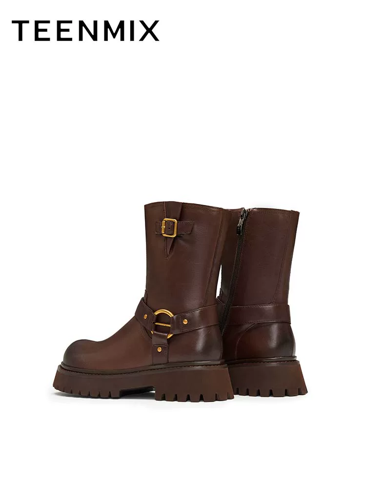 Tianmeiyi retro đế dày lót lông cừu đi giày bốt phương Tây giày nữ giày bốt ngắn thông thường giày da mùa đông phong cách mới