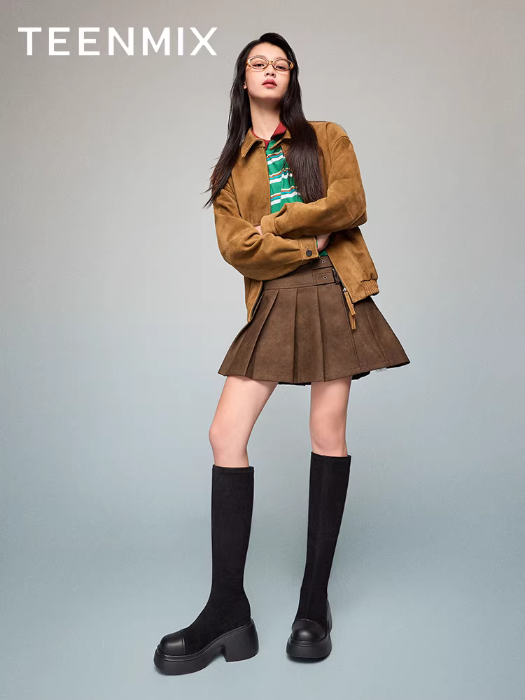 Tianmeiyi retro đế dày tăng chiều cao lót lông cừu co giãn thời trang giày bốt nữ cao cổ mùa đông mẫu mới CPB81DG4