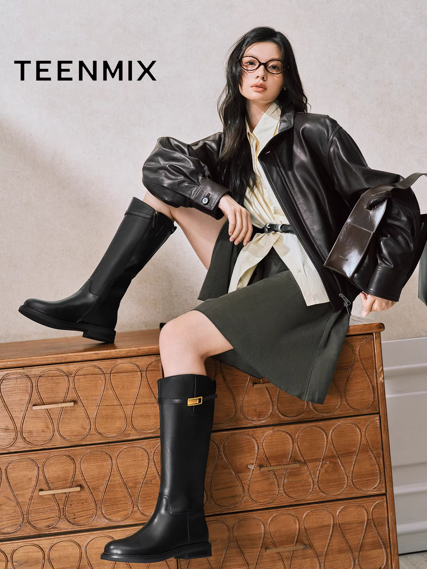 Giày bốt Tianmeiyi Qianjin Giày bốt cưỡi ngựa đế dày có lót lông cừu Giày bốt dài Giày nữ Giày bốt thời trang cổ cao Giày bốt da mùa đông 2025 mẫu mới