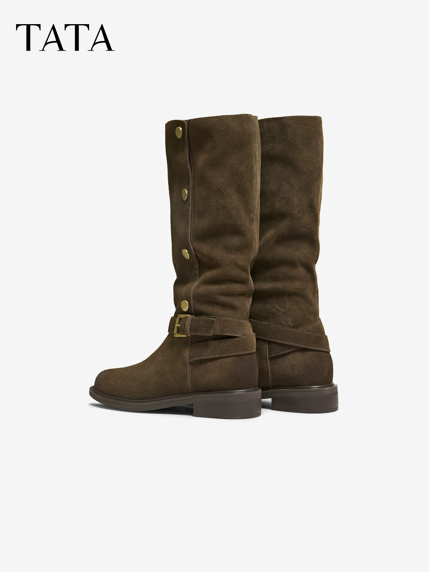 Giày bốt dài TATA 2025 Giày bốt màu nâu lót lông cừu Giày bốt cao cổ Giày bốt thời trang phương Tây CKL01DG5