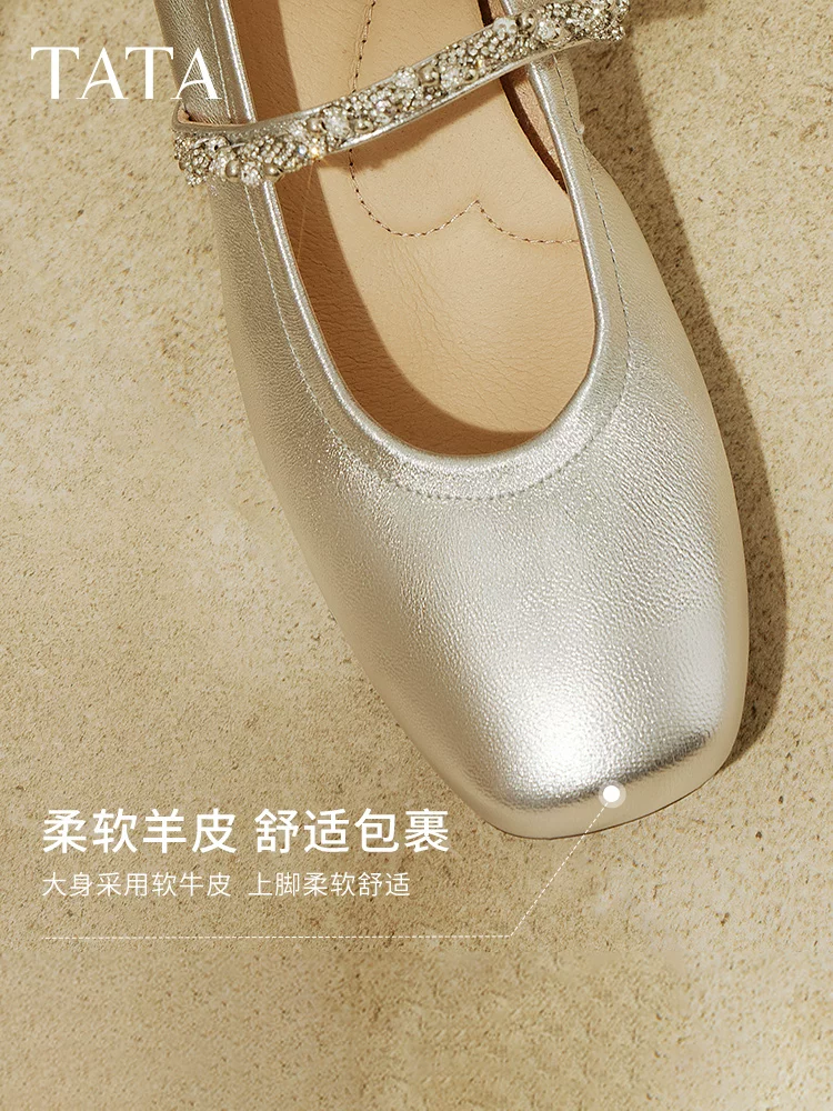 TATA Sweetheart Mary Jane 2025 giày nữ mới da cừu gót nhọn giày đơn màu bạc giày da nhỏ 7AC13AQ5