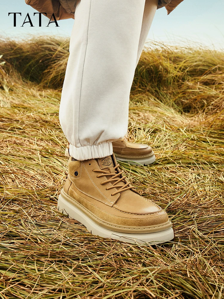 Giày bốt cổ ngắn đế dày kiểu cổ điển của Tata Giày bốt nam đi làm Giày cao cổ nam da thật lót lông cừu ngoài trời Giày bốt Martin mùa đông