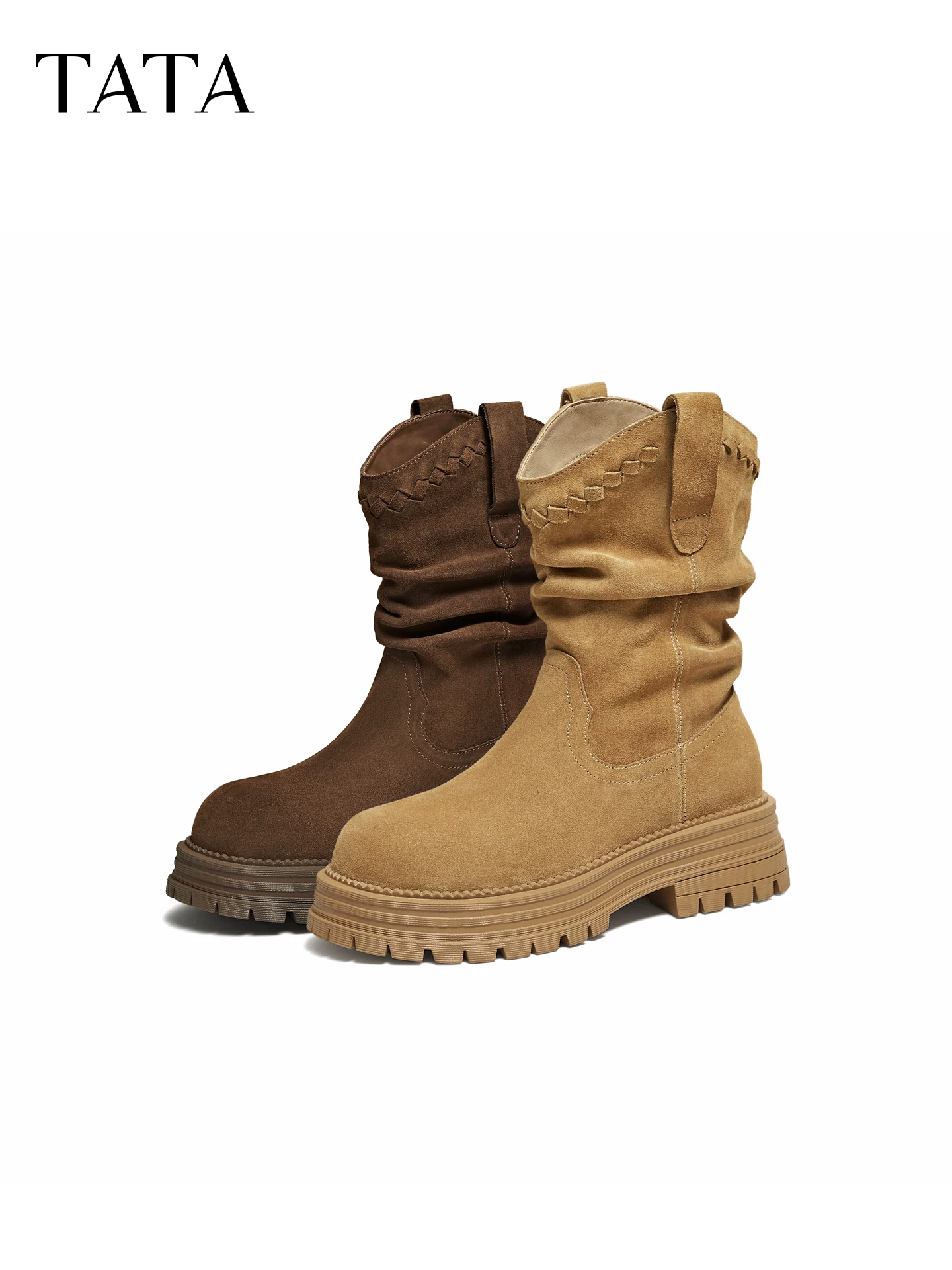 Giày bốt mới TATA Himeno Sweetheart 2025 có lớp lót lông mềm, kiểu dáng phương Tây, màu vàng xếp tầng thời trang CHT01DS5