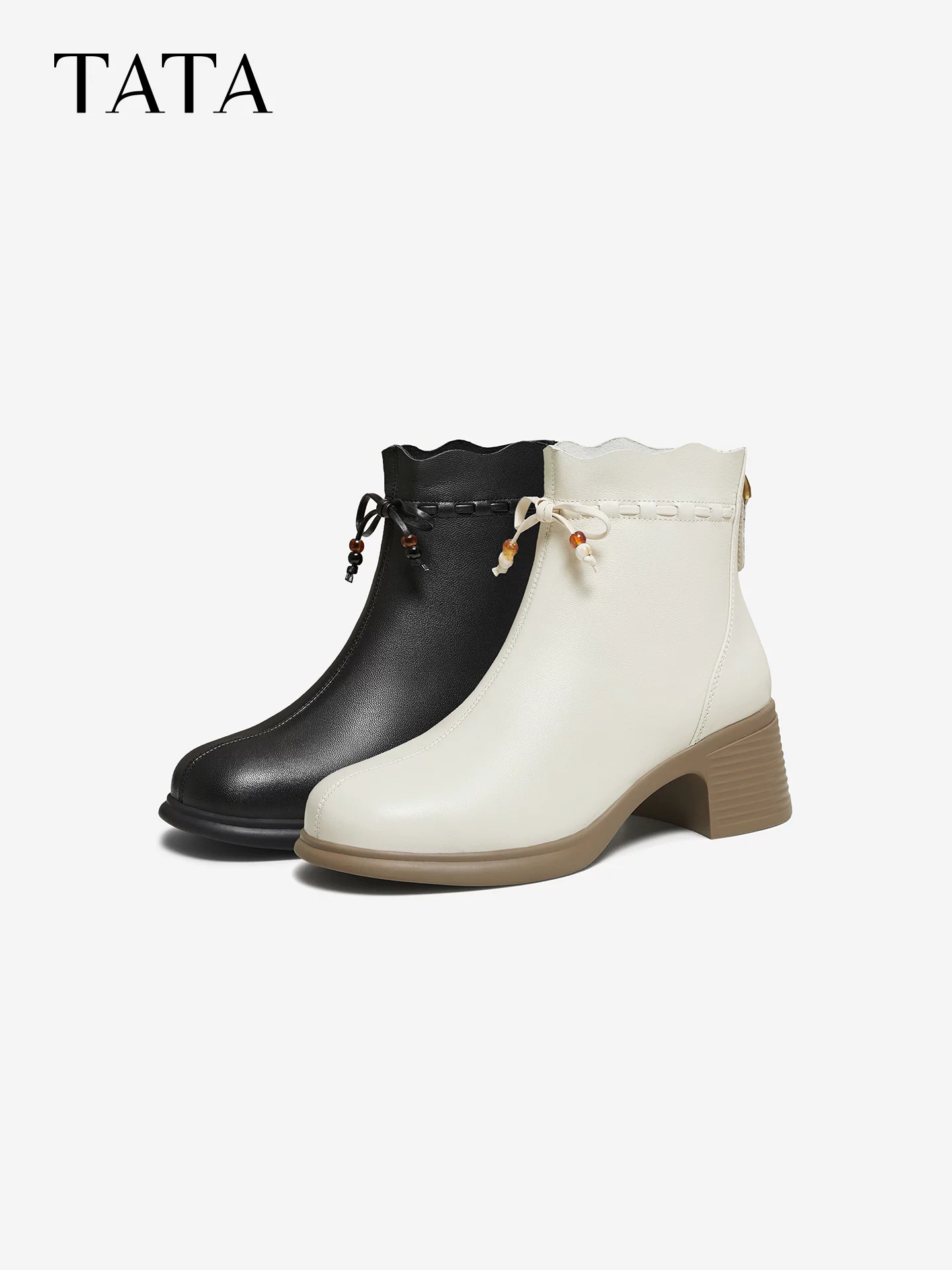 TATA giày bốt thời trang mùa đông 2025 bằng da cừu có lông cừu Giày bốt da ngắn màu đen Giày bốt đế dày mỏng 7A540DD5