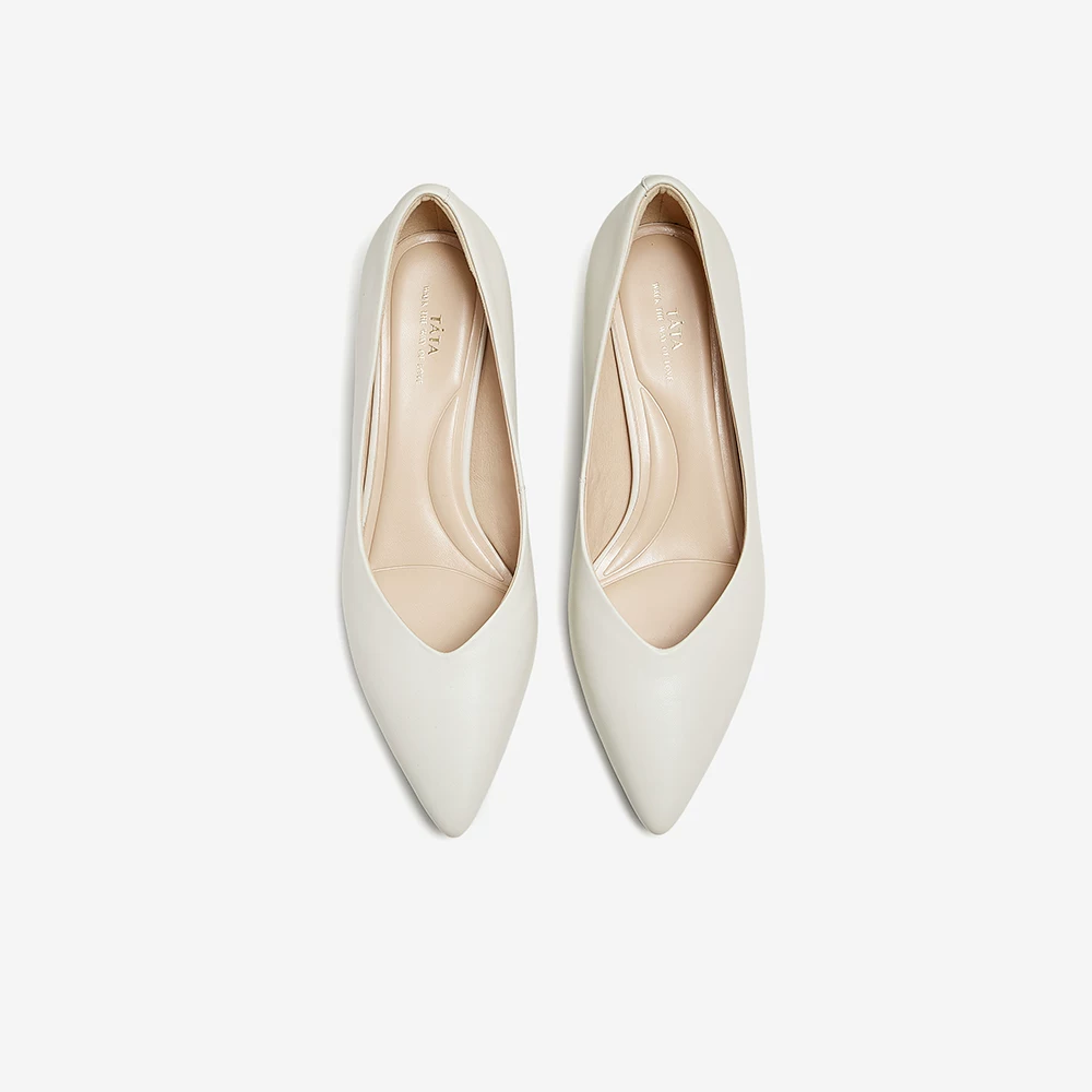 Giày nữ TATA 2025 kiểu Pháp mới, mũi nhọn, gót cao, gót thô, màu trắng, giày đơn, đi làm, chất liệu da cừu