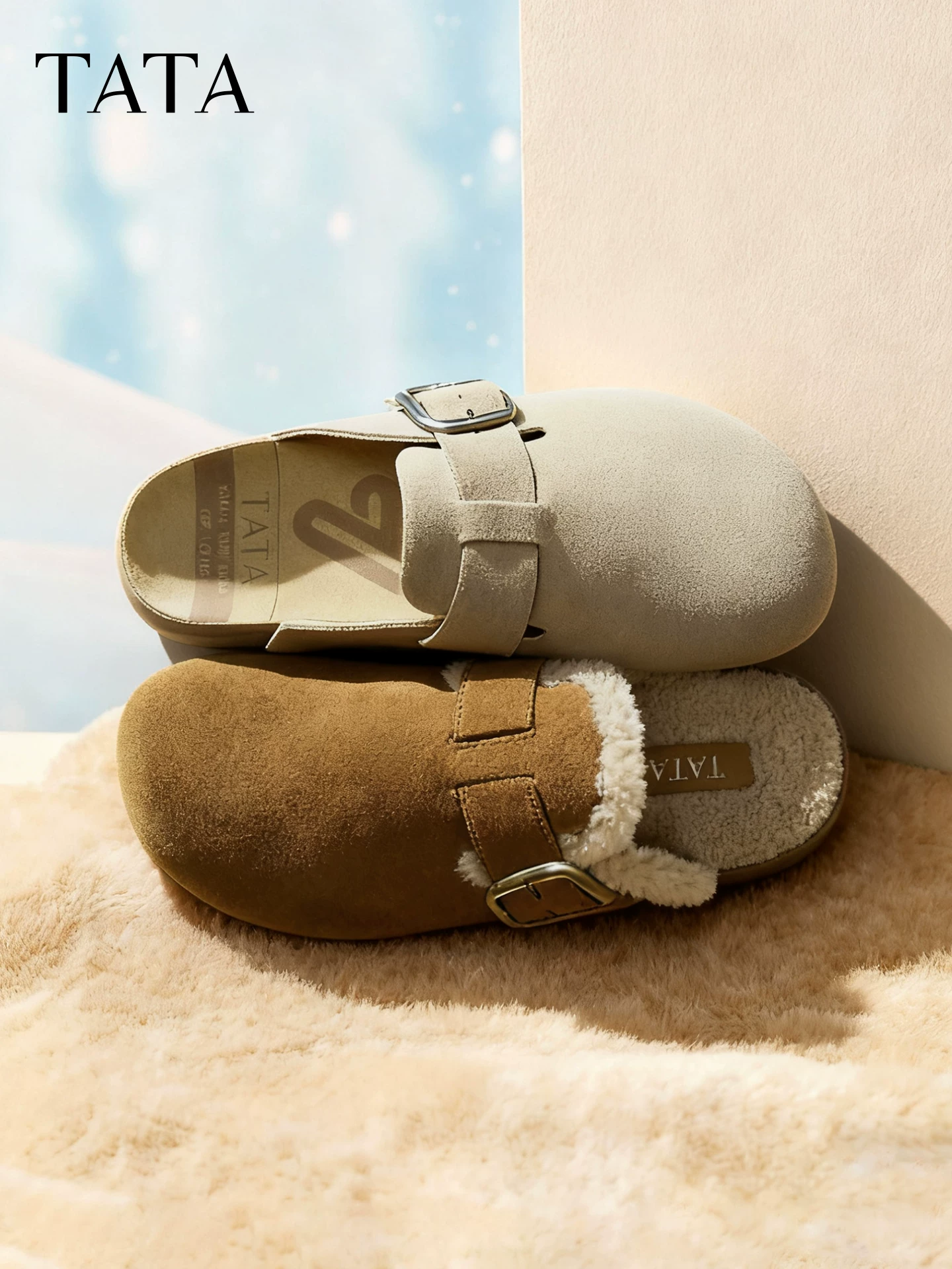 Giày nữ TATA 2025 kiểu Birkenstock lót lông cừu, đi ngoài trời, đế dày, giày lông mềm, dép 4UL01CH5