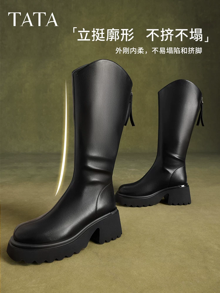 Giày bốt hiệp sĩ kiểu chữ V của Tata Giày bốt nữ đế dày bốt dài lót lông cừu bốt co giãn mùa đông CCN02DG4
