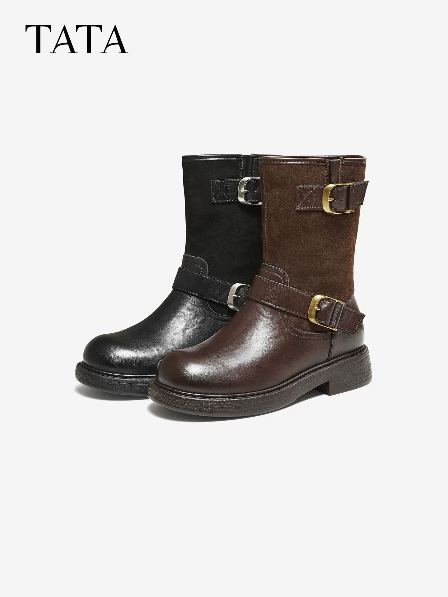 Giày Bốt Nữ TATA 2025 Mùa Đông Mới Đi Làm Thời Trang Giày Cao Gót Chunky Giày Bốt Tây CHL01DS5