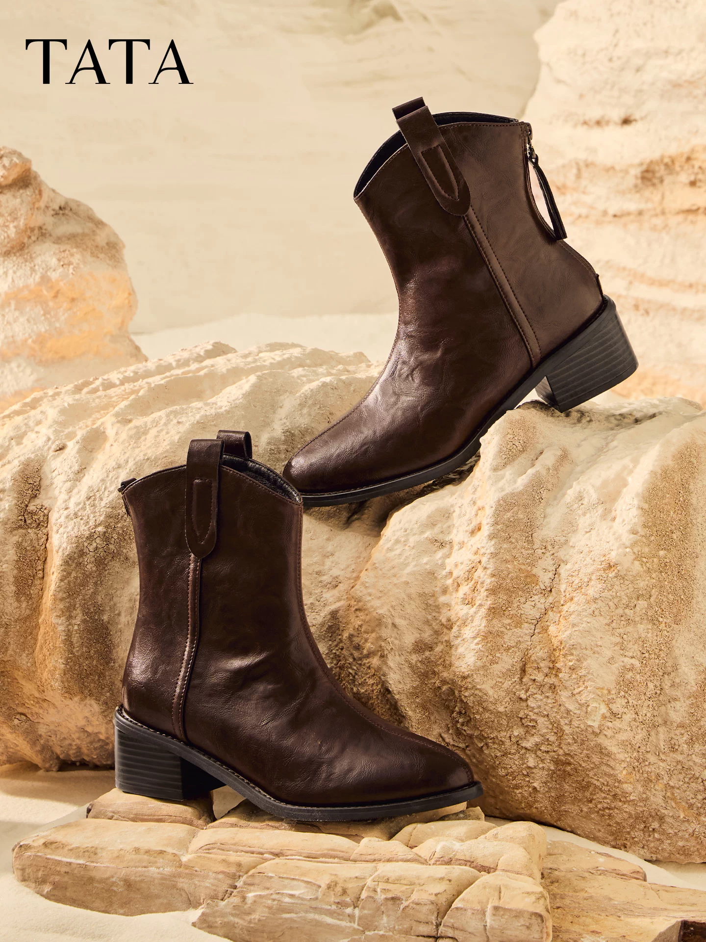 Giày Bốt Nữ TATA 2025 Giày Bốt Thời Trang Mùa Đông Chunky Gót Retro Giày Bốt Phương Tây Co Giãn Mắt Cá Chân Giày Bốt UVF01DZ5