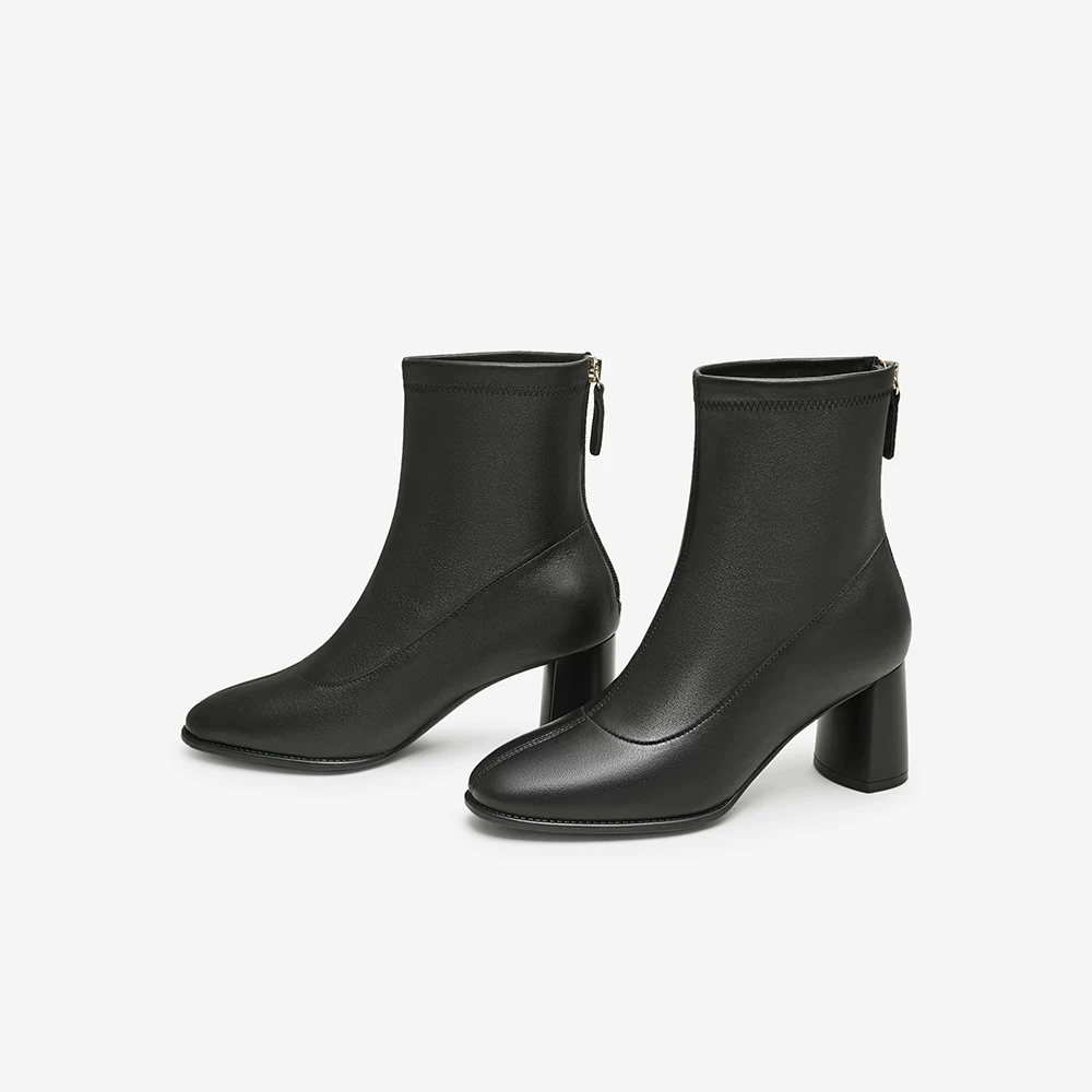 Giày Nữ TATA 2025 Mùa Đông Mới Giày Bốt Thời Trang Giày Bốt Cổ Ngắn Nữ Giày Bốt Cao Gót Màu Đen 7D141DD5