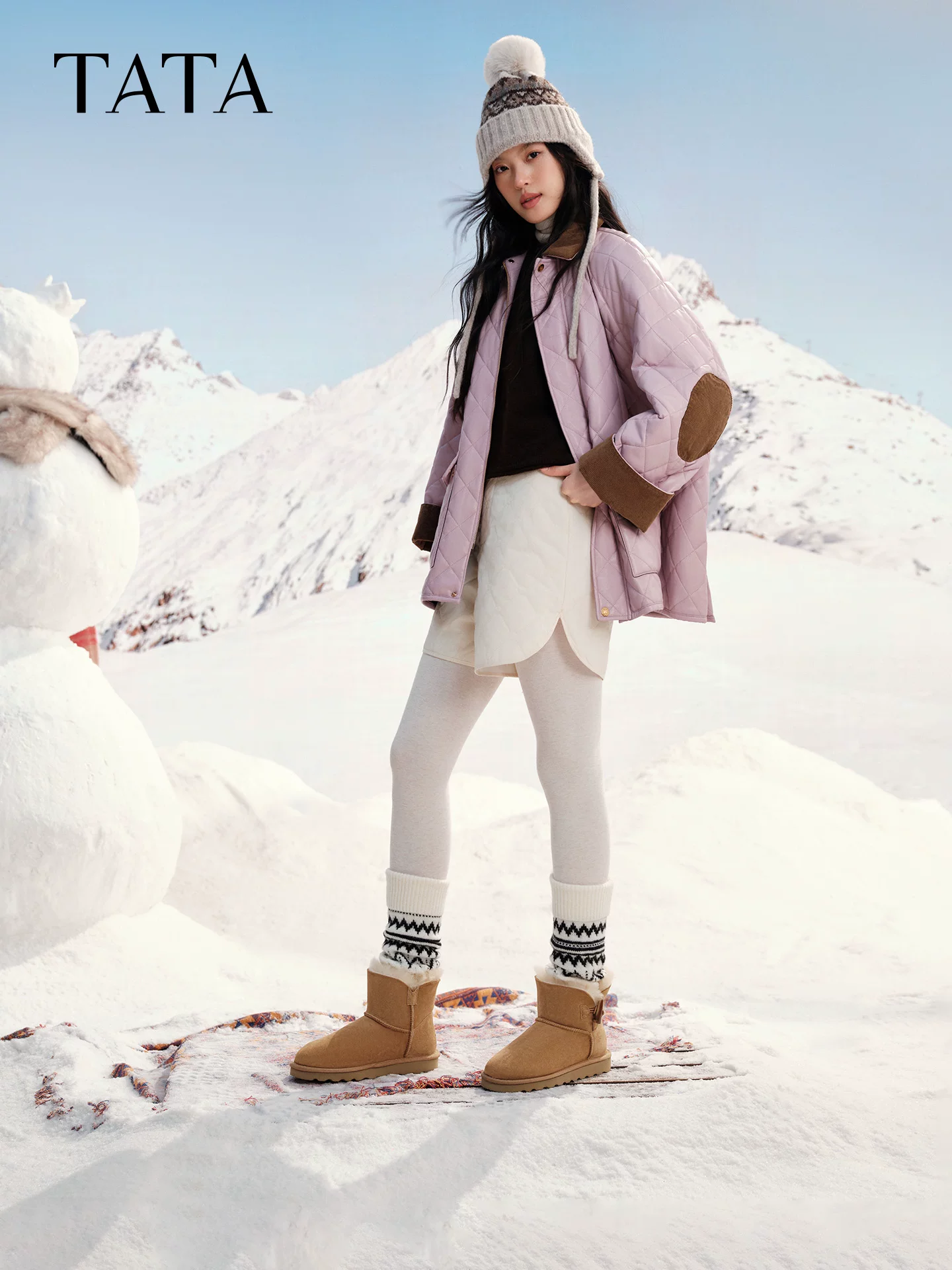 Giày bốt lông như mây TATA Giày bốt đi tuyết lông thú trong một chiếc Giày bốt ngắn sang trọng ấm áp Giày cotton nữ MXZ01DM5