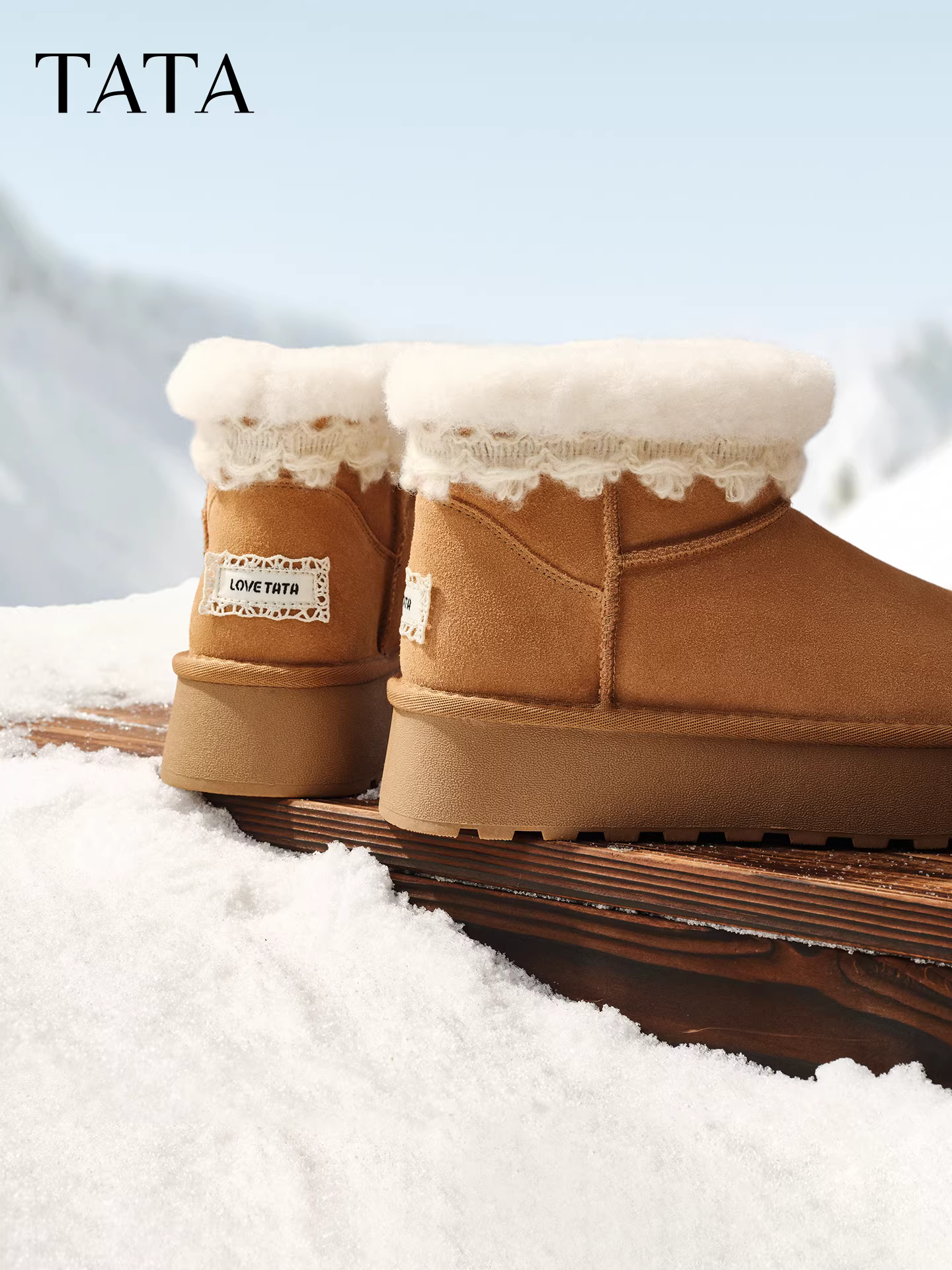 TATA giày đi tuyết của anh ấy/giày mùa đông 2025 giày nữ sang trọng lông xù giày cotton ấm đế dày CWW04DD5