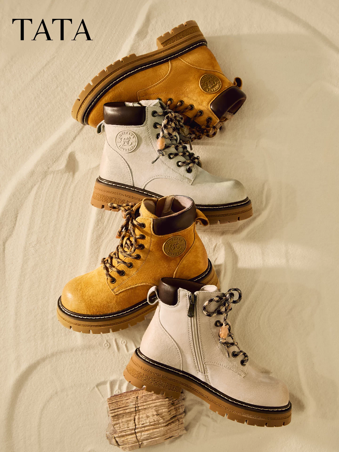 Giày bốt TATA Western Boots Giày bốt nữ màu vàng cổ điển Da thật Giày đi bộ đường dài đa năng Giày bốt ngắn CG701DD5