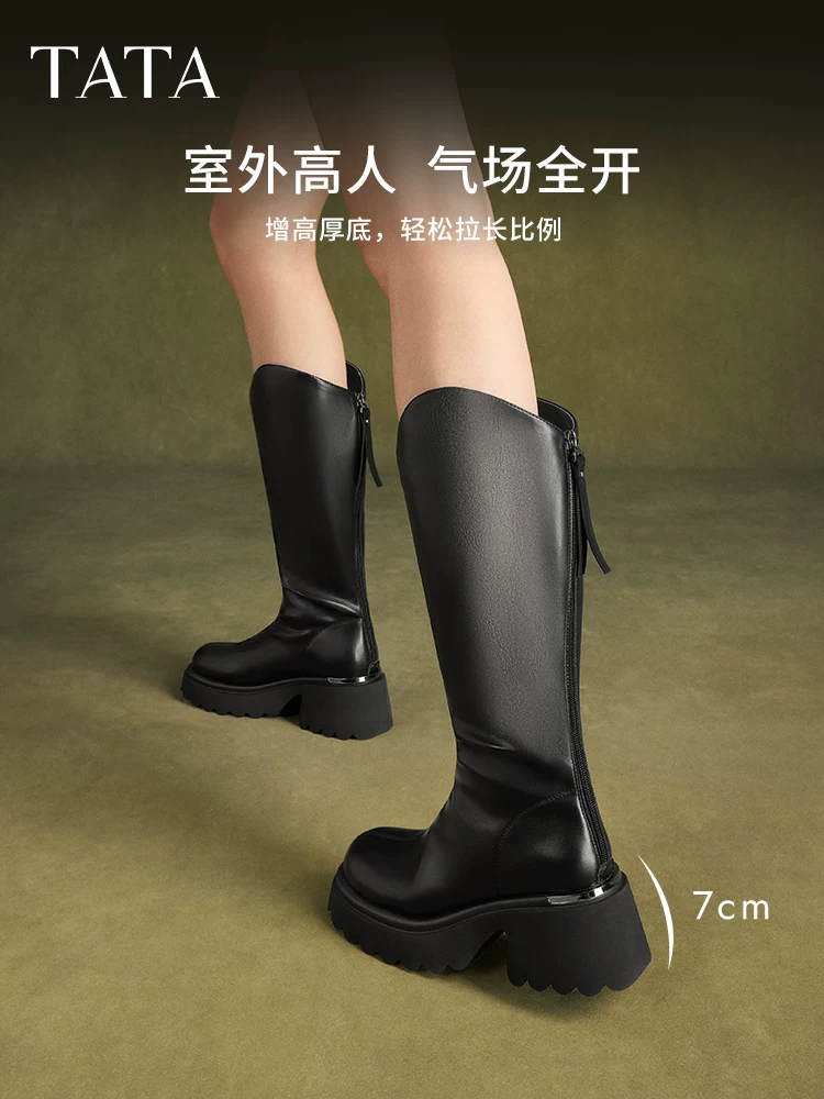 Giày bốt hiệp sĩ kiểu chữ V của Tata Giày bốt nữ đế dày bốt dài lót lông cừu bốt co giãn mùa đông CCN02DG4