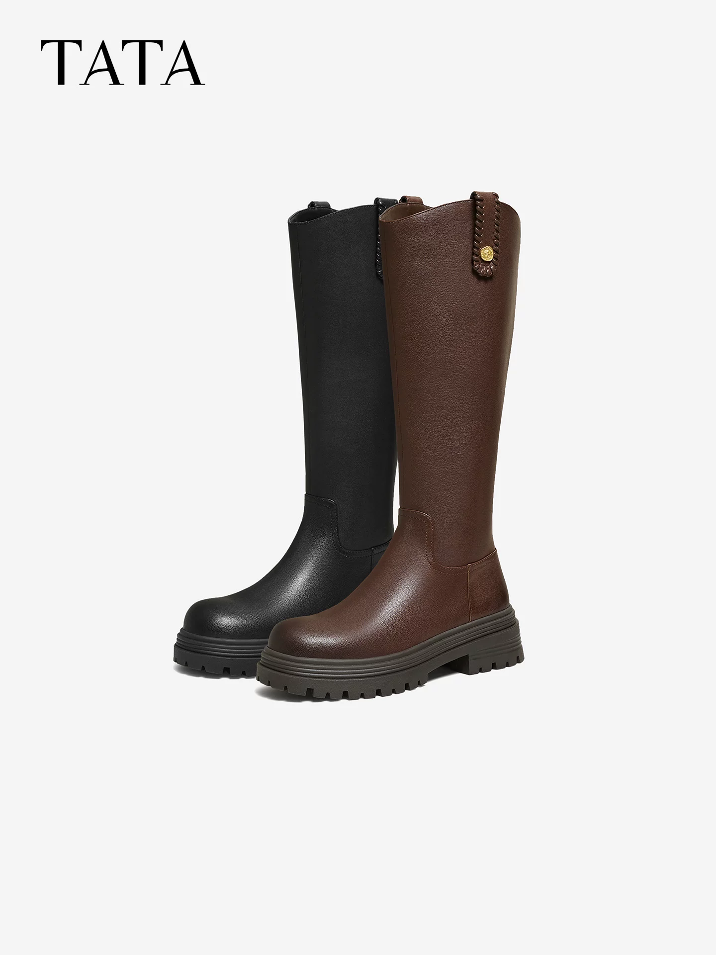 Giày bốt dài TATA 2025 Giày bốt thời trang đa năng mùa đông Giày nữ Giày bốt cưỡi ngựa màu đen có lót lông cừu 7D284DG5
