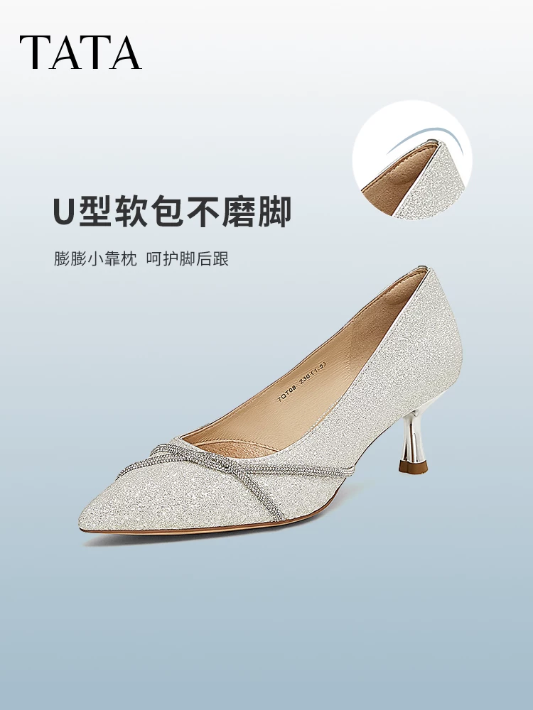 Giày cao gót mũi nhọn TATA dành cho nữ, giày cưới, giày cô dâu, giày phù dâu, kiểu dáng nông, mã 7QT08AQ5, năm 2025