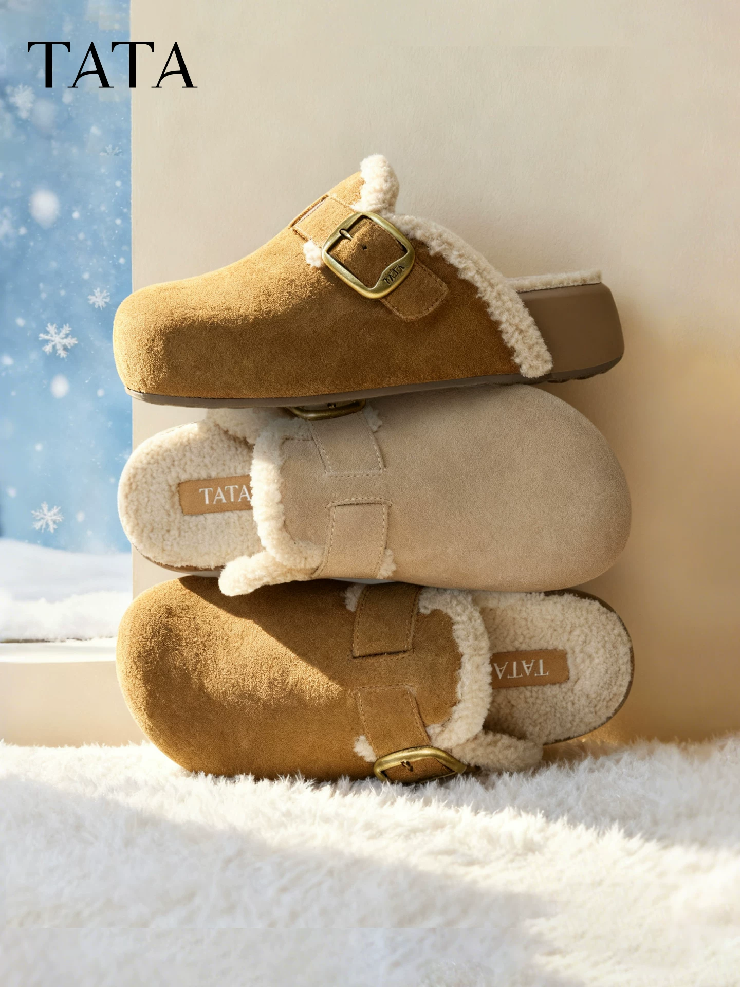 Giày nữ TATA 2025 kiểu Birkenstock lót lông cừu, đi ngoài trời, đế dày, giày lông mềm, dép 4UL01CH5