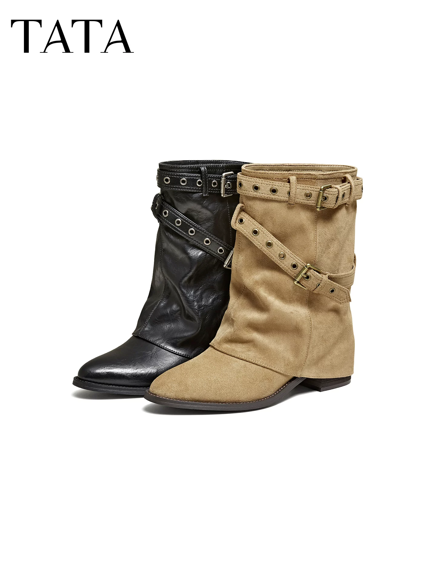 Giày bốt TATA mùa đông 2025 kiểu mới đa năng, kiểu dáng lười, mũi nhọn, kiểu miền Tây, cổ ngắn CKN01DZ5