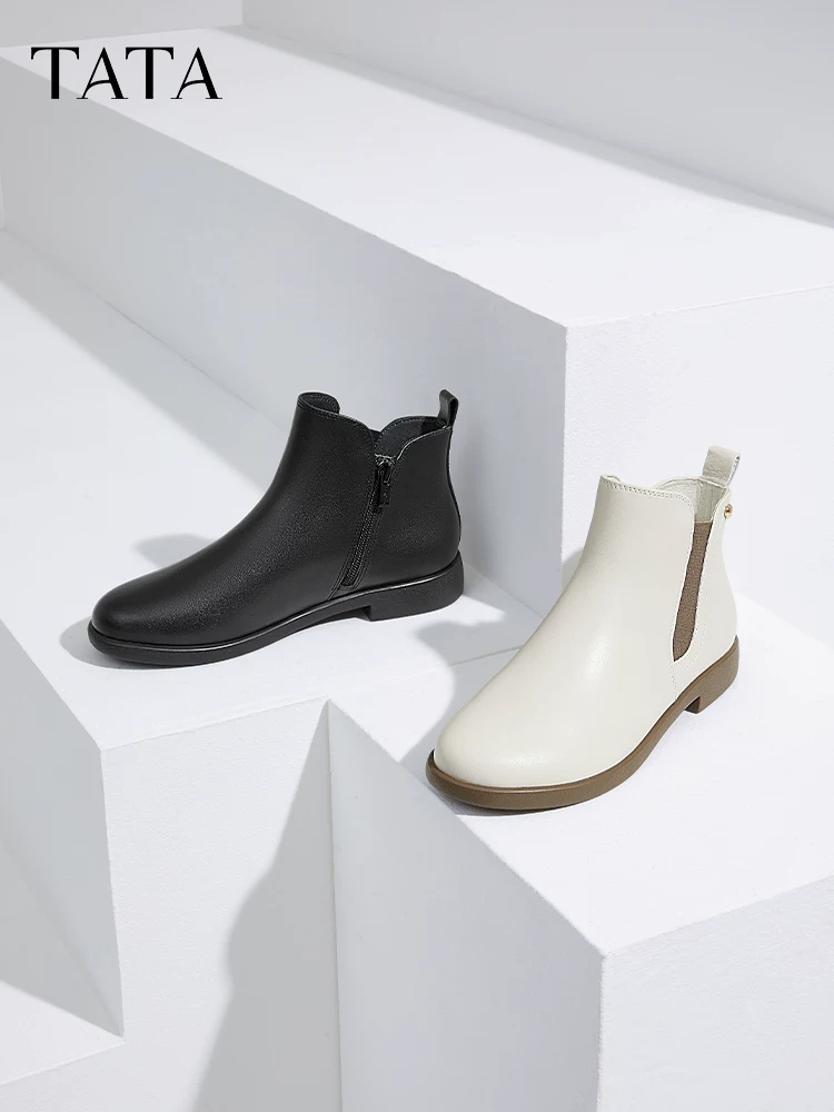 Giày bốt Chelsea đi làm phong cách Pháp của TATA Giày bốt nữ da bò bốt ngắn thông thường mùa đông mẫu mới 7BJ46DD4