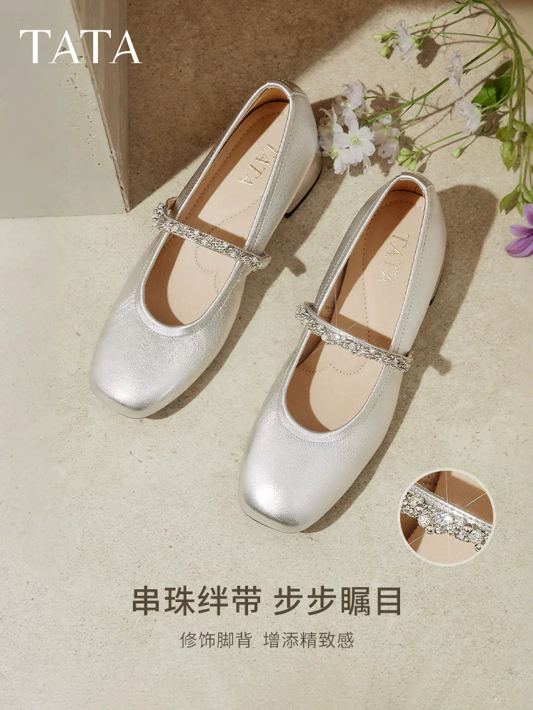 TATA Sweetheart Mary Jane 2025 giày nữ mới da cừu gót nhọn giày đơn màu bạc giày da nhỏ 7AC13AQ5