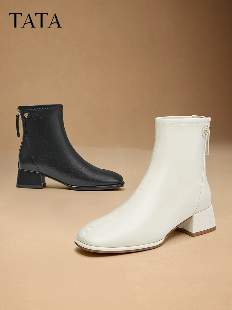 Giày bốt Tata, bốt da, bốt thời trang giảm béo, bốt ngắn phong cách Anh, bốt ôm sát, bốt cao gót thô, bốt thun WYX02DD4