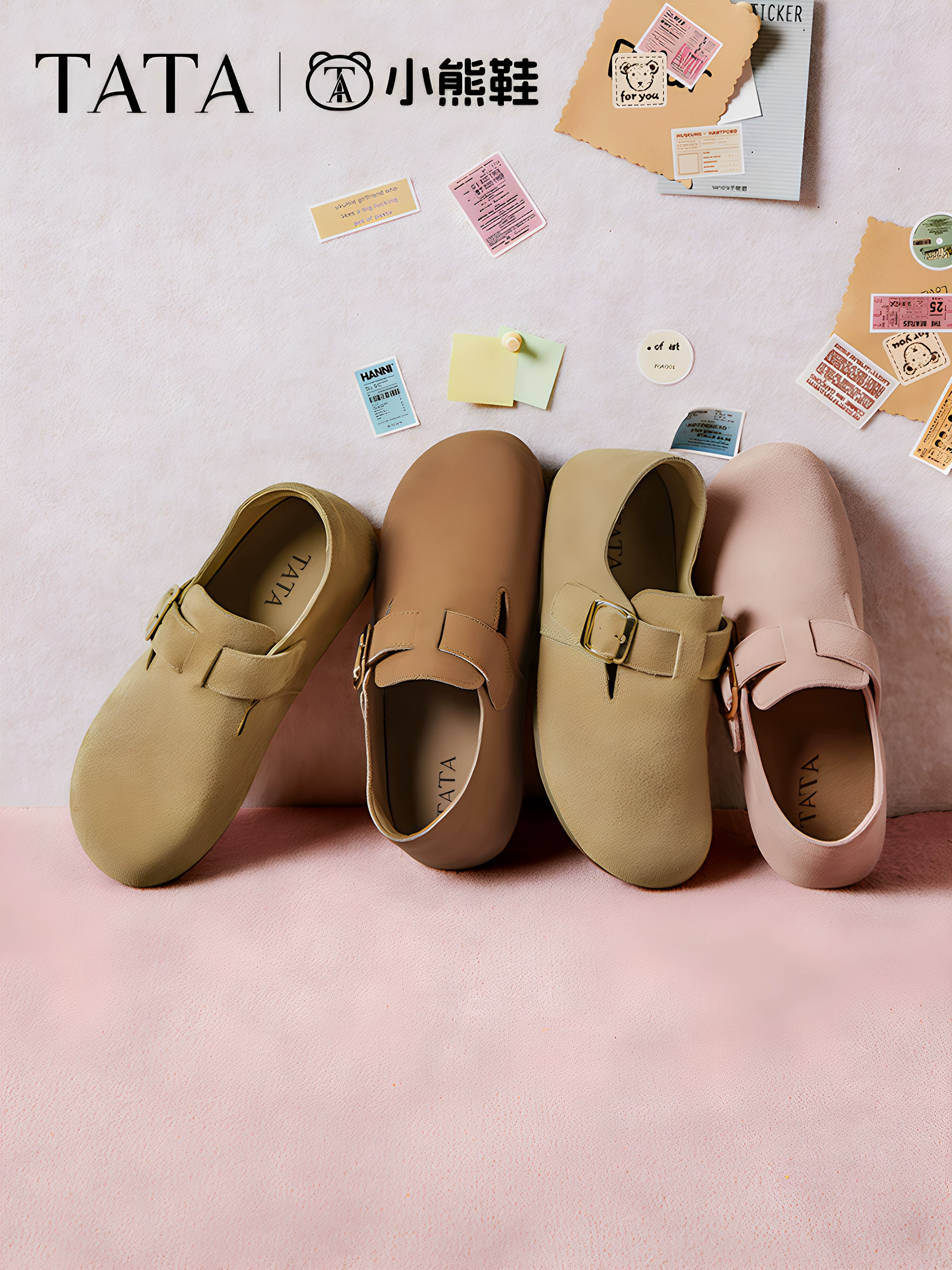 Giày TATA Bear Giày Birkenstock màu nâu Giày đế bằng nữ Giày nữ mùa xuân mới CGW02AM5