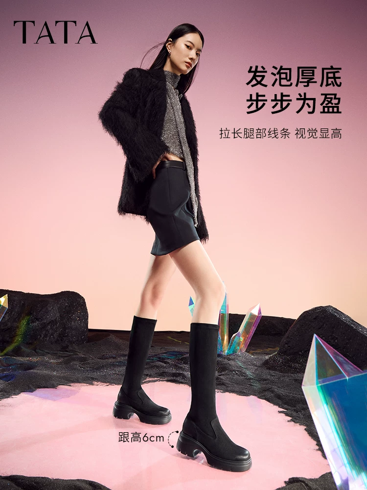 Giày bốt dài đế dày co giãn Tata Giày bốt nữ thông thường Giày cao cổ giảm béo mùa đông 2024 Mẫu mới 7DK80DG4