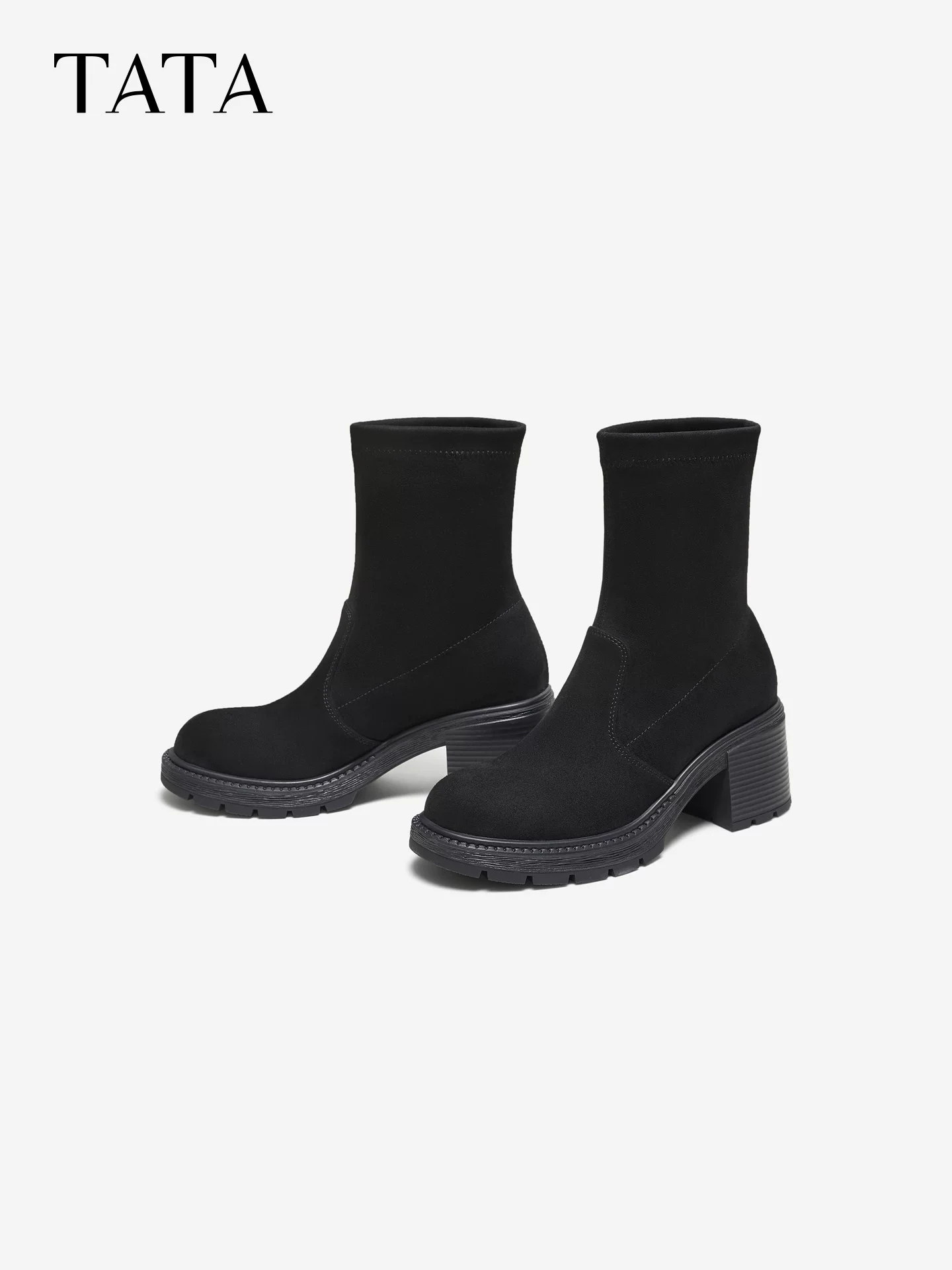 Giày bốt TATA 2025 Giày bốt mùa đông Giày bốt nữ mới Giày bốt mỏng Giày bốt co giãn Giày bốt gót nhọn Giày bốt ngắn XWX01DZ5
