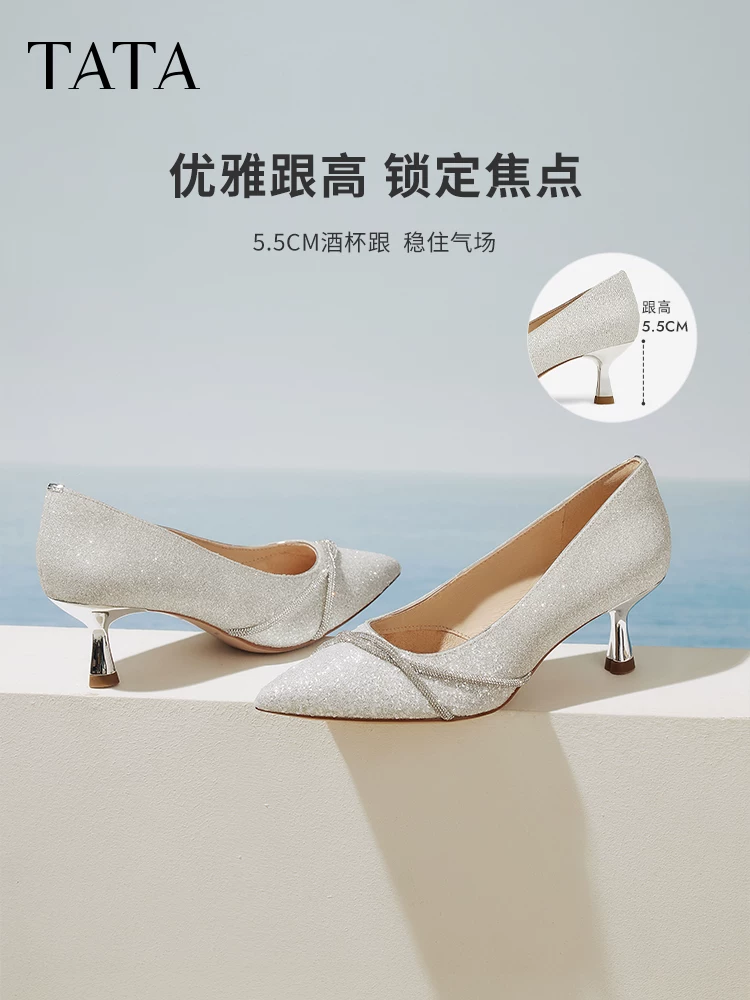 Giày cao gót mũi nhọn TATA dành cho nữ, giày cưới, giày cô dâu, giày phù dâu, kiểu dáng nông, mã 7QT08AQ5, năm 2025