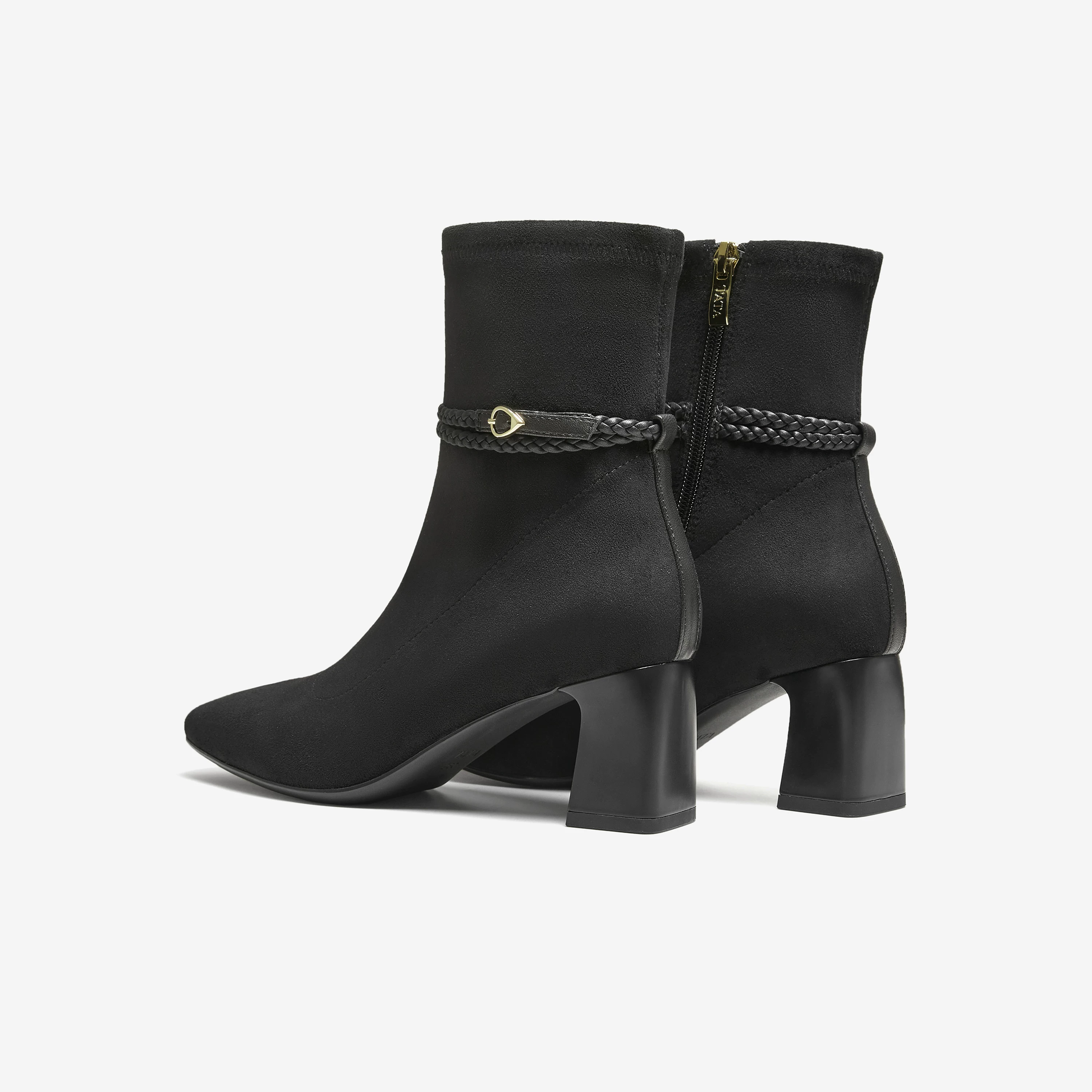 Giày Bốt Nữ TATA 2025 Giày Bốt Thời Trang Mùa Đông Màu Đen Giày Bốt Cổ Ngắn Tăng Chiều Cao Giày Bốt Gót Chunky Giày Bốt Mỏng XWY01DZ5