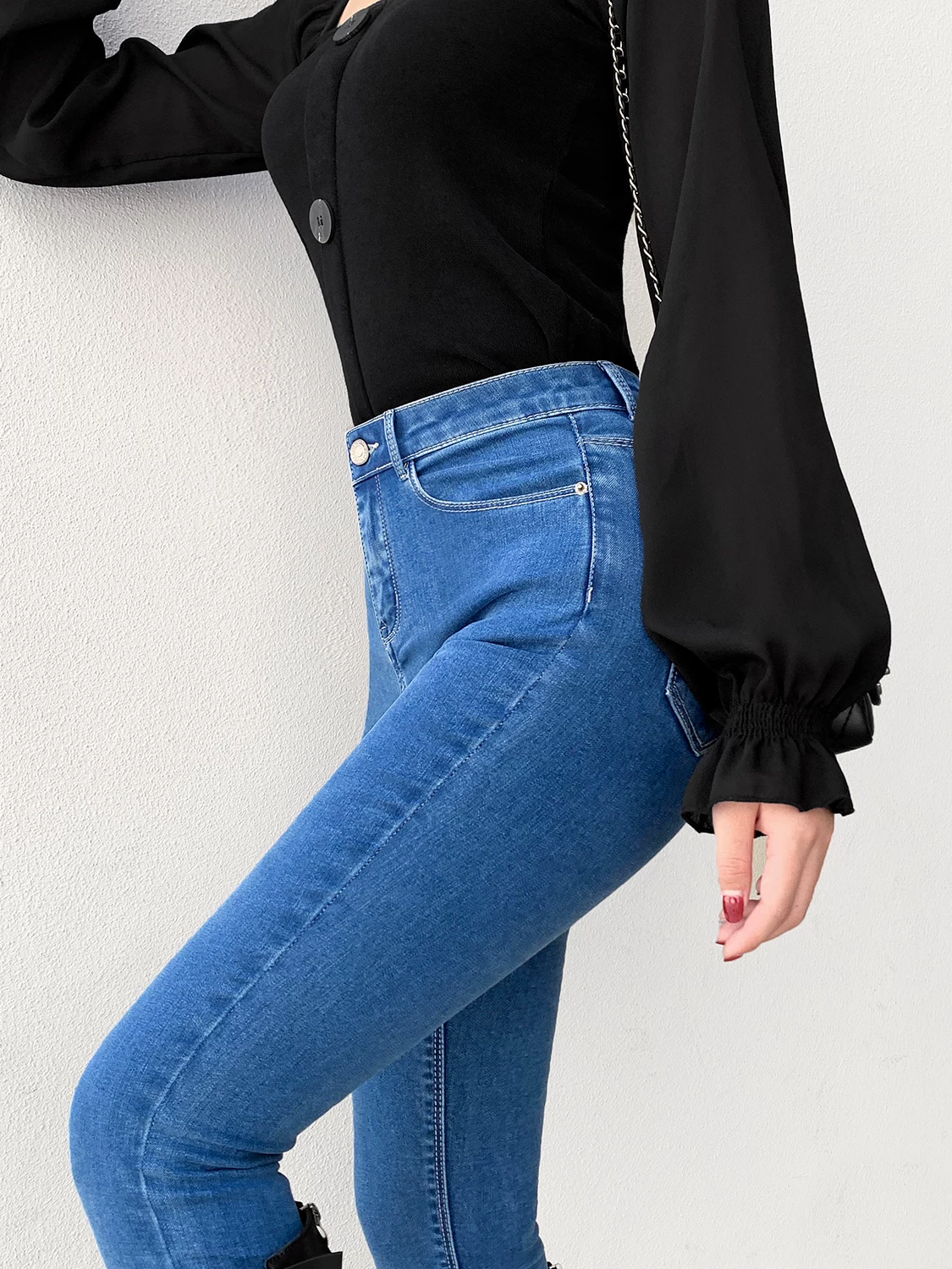 Quần jean skinny cạp cao co giãn cao dành cho nữ, dài ngang đùi, kiểu mới xuân thu 2025, quần ôm dáng, màu xanh dương.