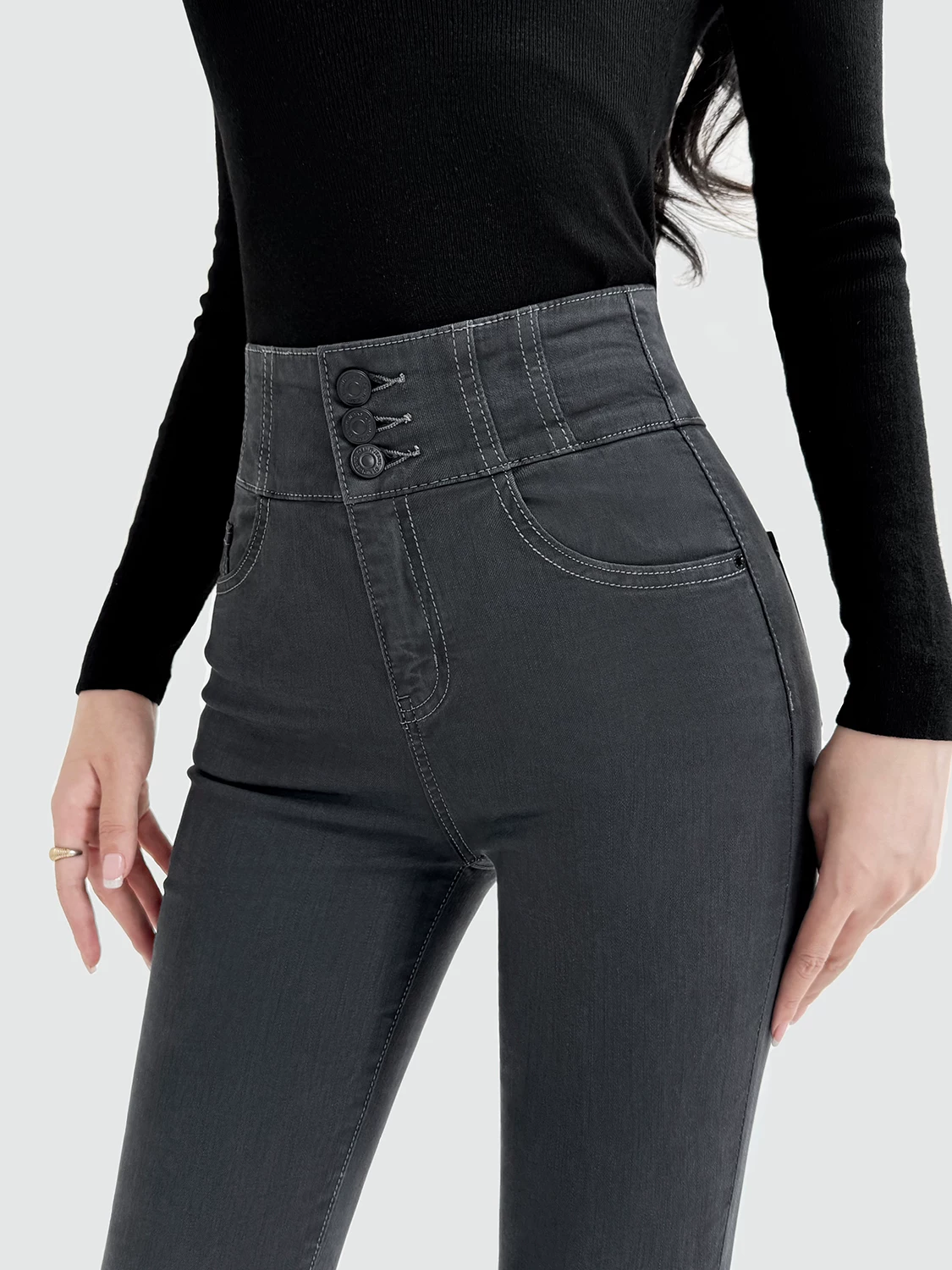 Quần jean skinny cạp cao nữ, ôm dáng, kiểu mới xuân thu đông 2025, màu xám khói, quần bút chì lót lông, co giãn.