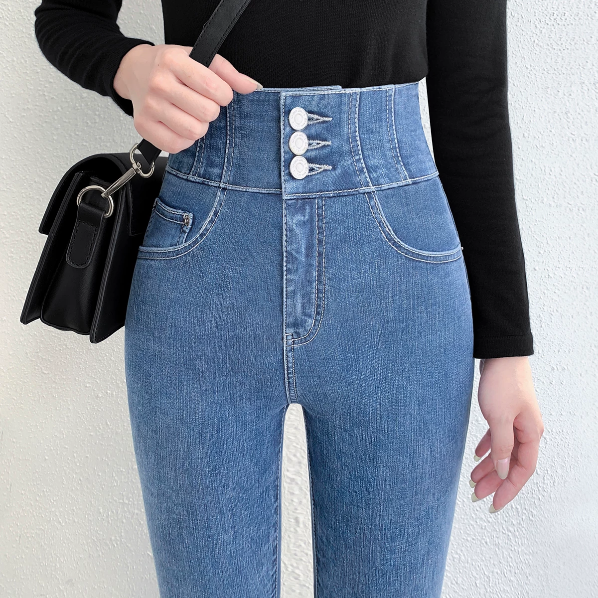 Quần jean nữ cạp cao có lớp lót lông cừu, quần skinny ôm dáng, tôn dáng, kiểu mới xuân thu 2025, quần bút chì co giãn.