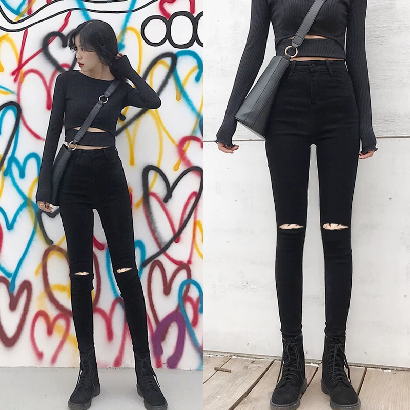 Quần jeans rách nữ, quần lửng, quần đen cạp cao, kiểu mới xuân thu 2025, ôm dáng, skinny, co giãn.